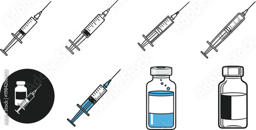 Medical Syringe and Vaccine Vial Icon Set with Various Needle Designs, Injection Tools, and Liquid Medication Bottles for Healthcare and Pharmacy Concepts