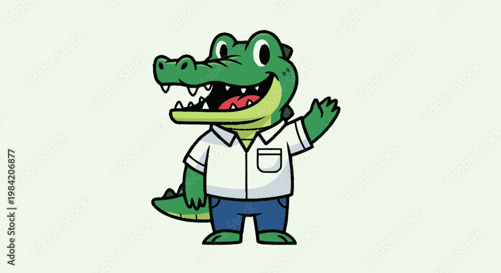 Obraz premium Cartoon alligator waving hand cheerful smiling character design isolated