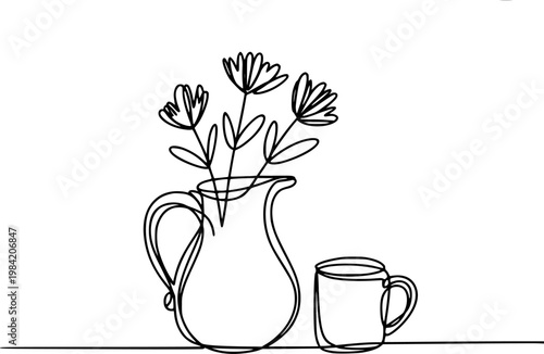 Minimalist single line of flowers in a pitcher next to a mug a white background continuous