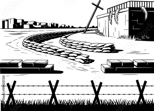 Barbed wire, sandbags, and a cross a desolate landscape with city skyline conflict
