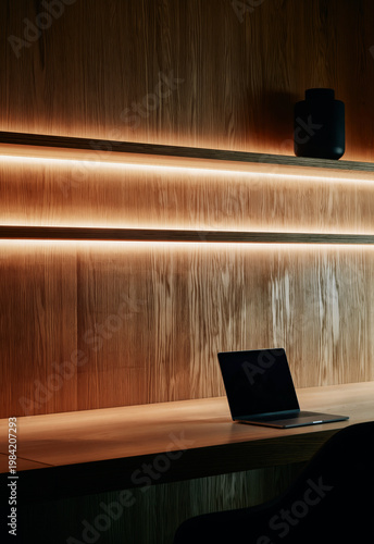 Open Laptop on Wooden Desk with Warm LED Backlit Shelving in Cozy Dark Office Interior