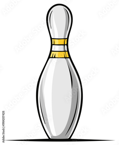 Cartoon style bowling pin illustration with golden stripes representing a game sport leisure activity