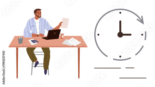 Time management, productivity, work-life balance, deadlines, office culture, professional tasks. A man working at his desk with a laptop and papers alongside a clock symbol. Time management