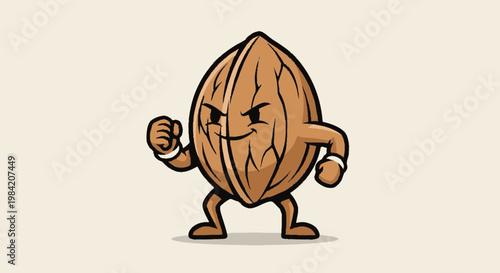 Cartoon almond character in a standing pose with arms raised in a determined stance
