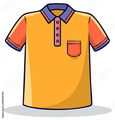 Bright Orange Polo Shirt with Purple Collar and Orange Pocket Flat Design