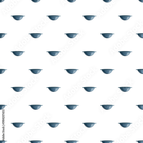 Blue colanders repeating in a seamless pattern on a clean white background