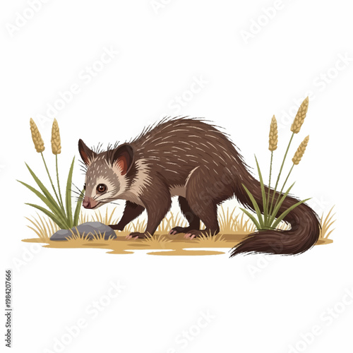 Detailed digital illustration of a civet-like mammal with coarse brown and white fur and a long bushy tail, standing on grassy ground with reeds, isolated on a white background.