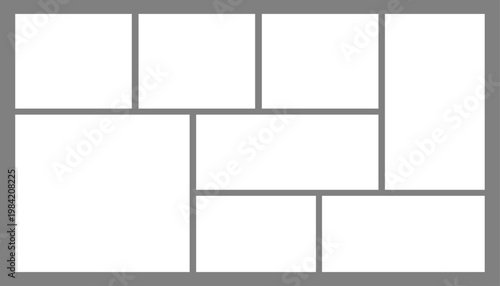 8 Image Photo Collage, 5 Empty geometric photo collage grid rectangle template shape. Modern tiles pattern mosaic for portfolio presentation. Background and photo album for wall mood board.
