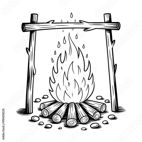 campfire with wooden structure and flames burning brightly outdoors