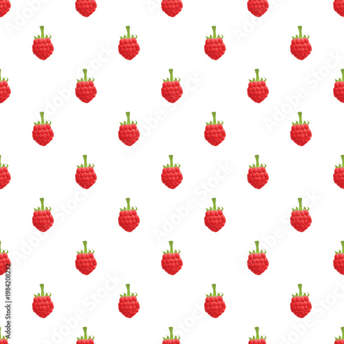 Red raspberries repeating in a seamless pattern on a white background