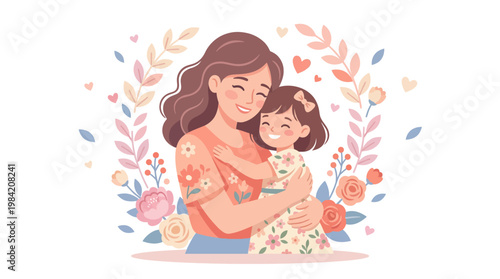 A heartwarming illustration of a mother and child embracing, surrounded by vibrant flowers and leaves on Mother's Day 2026, conveying a mom love concept with elegant design.