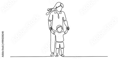 A single continuous line drawing of a mother and her young child walking together in harmony Vector, illustration