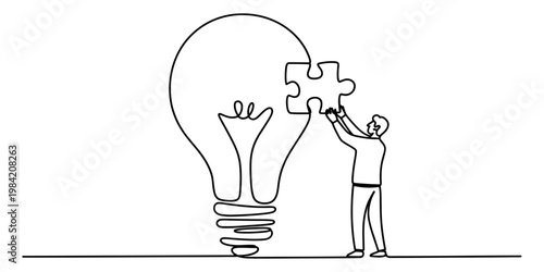 A single line drawing illustrating a man completing a giant lightbulb with a missing puzzle piece Vector, illustration