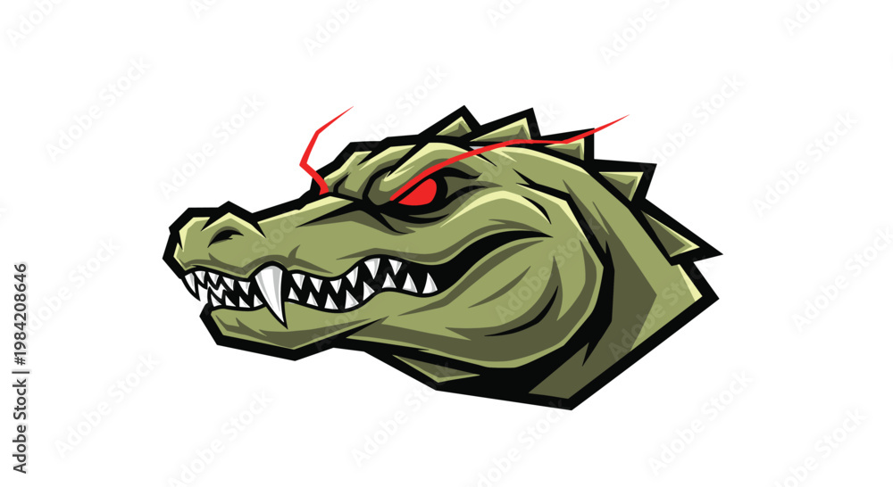 Obraz premium Ferocious alligator head mascot illustration, featuring menacing red glowing eyes and an aggressive expression with sharp, open jaws.