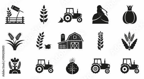 Set of black flat agriculture and harvest icons featuring various tractor models, wheat stalks, farm barn, root vegetables like onions and beets, and cereal grains silhouettes.