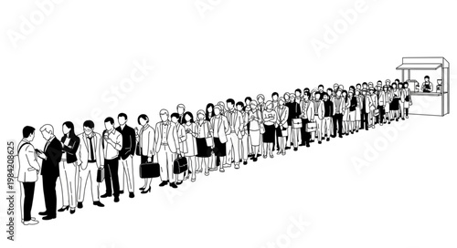 Long line of people waiting patiently for service at a counter.