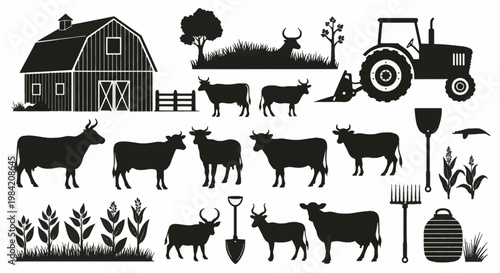 Black silhouette vector icon set featuring a rustic barn, farm tractor, herd of cows, wooden fence, agricultural crops, trees, shovel, and pitchfork isolated on white background.