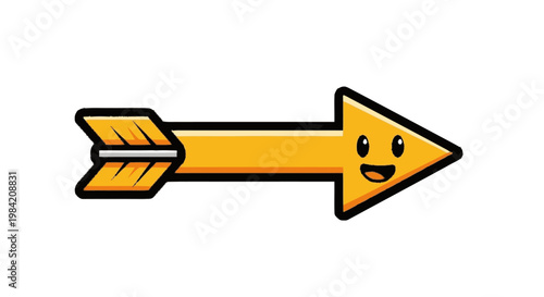 Cartoon arrow icon with smiling face pointing right on white background