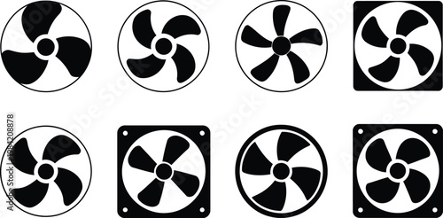 Set of eight cooling fans in black and white sketch style