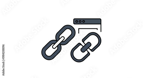 Minimalist flat vector icon of two interconnected chain links representing hyperlinks and a browser window interface symbolizing web development and SEO optimization.