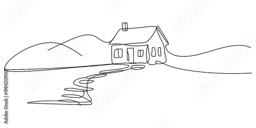A beautiful continuous line drawing of a small house nestled in rolling hills with a winding path Vector, illustration