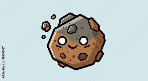 Cartoon asteroid character smiling with happy face and small rocks floating