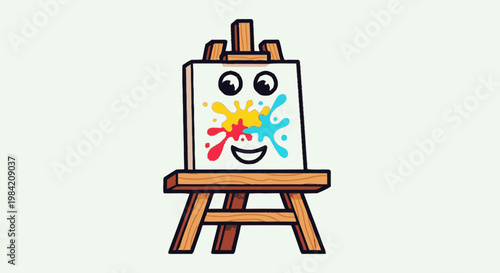 Cartoon art easel with colorful paint splatters and happy face