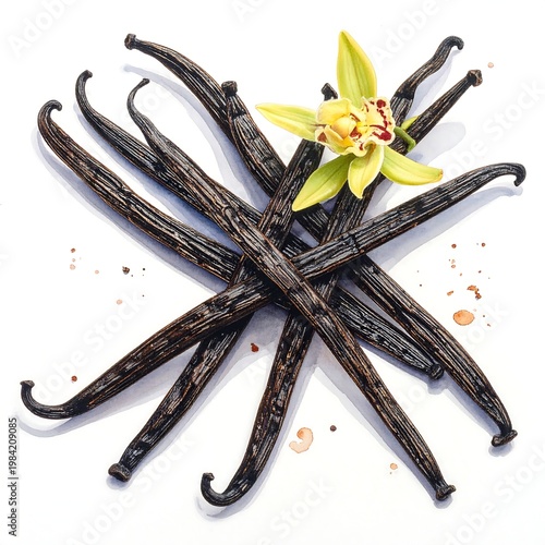 Vanilla pods radiating from center with blossom. Isolated on white background. Artful