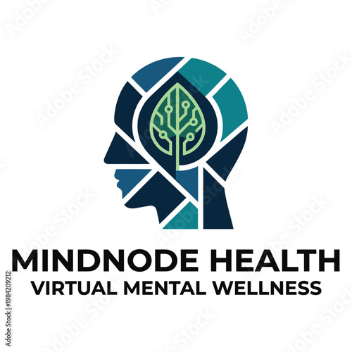 Mental health logo with human head profile and green leaf circuit for digital wellness brand