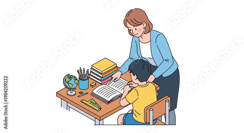 Isometric vector illustration of a teacher guiding a student with their schoolwork at a desk in a classroom, with a stack of books and learning materials, conveying a supportive mood