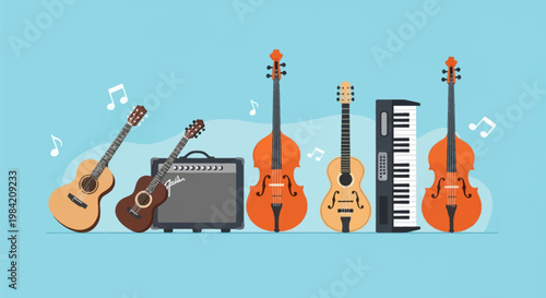 Flat vector illustration of musical instruments including acoustic guitars, double bass, cello, electronic keyboard, and guitar amplifier on a light blue background with music notes.