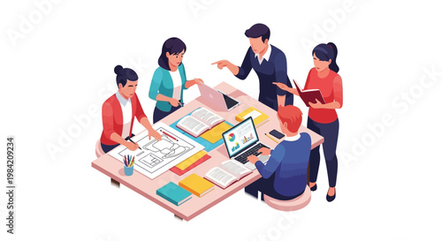 Isometric vector art depicts a team of people in a business meeting, reviewing documents and a laptop on a light-colored table, with a bright and collaborative atmosphere, set