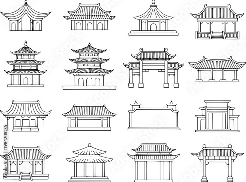 Collection of traditional asian architecture line pagodas, gates, and pavilions building