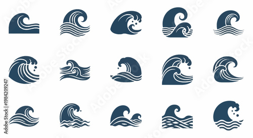 Set of 15 ocean wave silhouette icons featuring various curling sea swells, breaking surf crests, and tidal water ripples in a dark blue vector graphic style on a white background.
