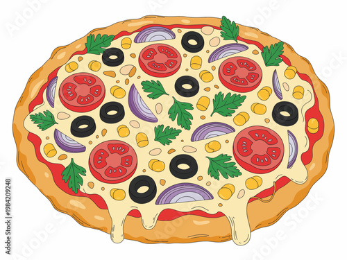 Delicious homemade pizza topped with tomatoes, olives, onions, corn, and parsley