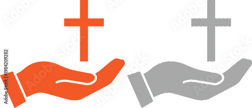 Hand holding christian cross vector illustration collection featuring orange and textured line art styles for religious concept.
