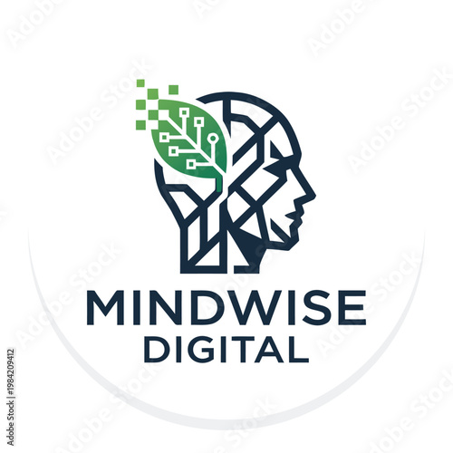 Mental health technology logo with mosaic human head and pixel leaf for digital counseling