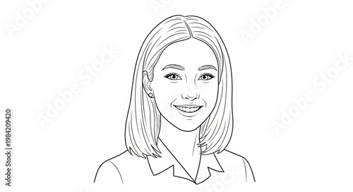 Line Drawing Portrait of a Smiling Young Woman.
