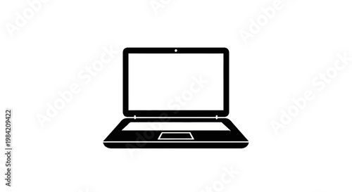 Simple black laptop icon isolated on white background. Front view of an open portable notebook computer with screen and touchpad. Flat vector illustration for web design applications.