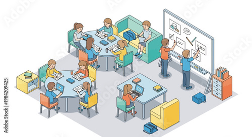 Isometric vector illustration of teenagers and children in a modern school classroom, engaged in various learning activities, some using laptops and others writing on a whiteboard, set
