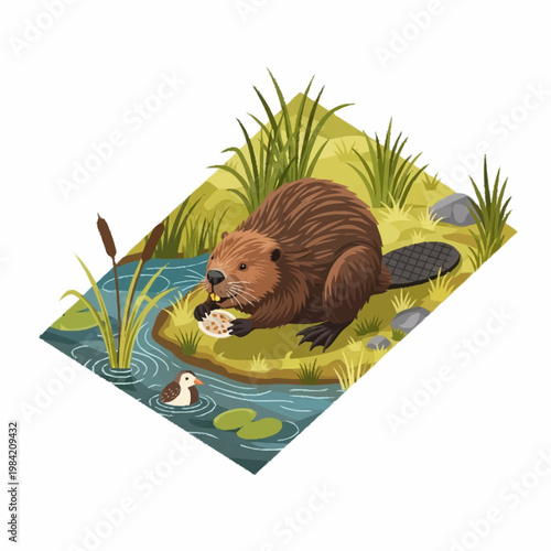 Isometric vector illustration of a brown beaver sitting on a grassy riverbank holding food, featuring a small duck in the water, tall reeds, and lily pads on a white background.