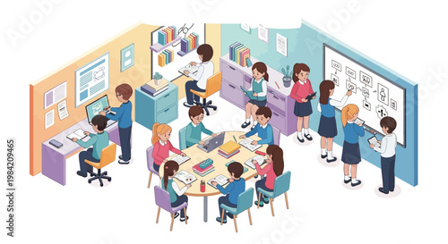 Isometric vector illustration depicting children and teenagers engaged in various learning activities within a school environment, showcasing a library room, laboratory room, and classroom