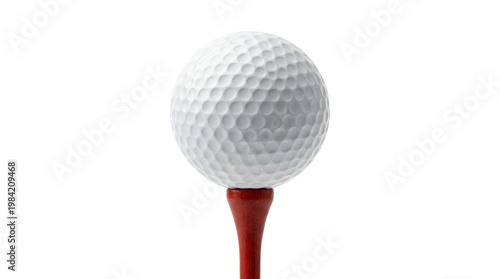 Classic white golf ball on red wooden tee, professional sports equipment on white background, dimpled golf ball texture for athletic branding