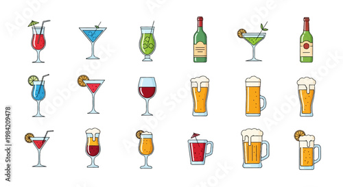 Comprehensive collection of flat vector drink icons featuring cocktails with garnishes, beer mugs with foam, wine glasses, and spirit bottles isolated on a plain white background.