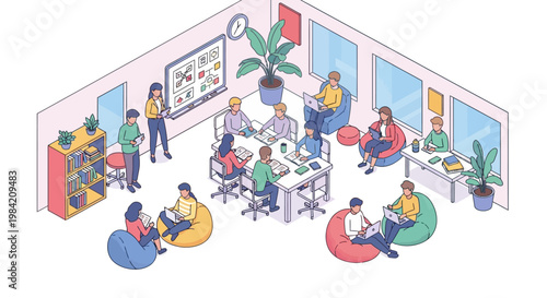 Isometric vector illustration of diverse people in a collaborative workspace, with some presenting on a screen and others working on laptops and tablets in beanbag chairs, set
