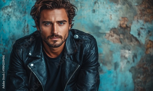 Intense Portrait of a Ruggedly Handsome Man in Leather Jacket