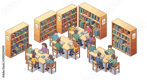 Isometric vector illustration showing students engaged in learning activities around tables in a school library room, surrounded by bookshelves, conveying a calm and focused mood