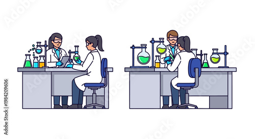 Isometric vector illustration depicting students in a laboratory classroom, with two groups of teenagers conducting science experiments on their desks, showcasing a vibrant and educational