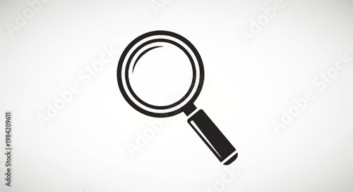 Black and white magnifying glass icon isolated on a plain white background. Simple vector illustration of a search tool with a circular lens and a short handle angled at forty-five degrees.