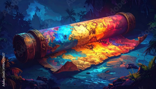 Ancient Scroll Unfurled with Vibrant, Colorful World Map.